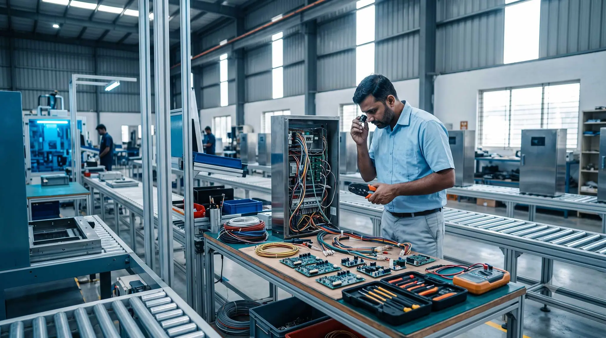 philbrick engineer inspecting an elevator control panel wiring harness