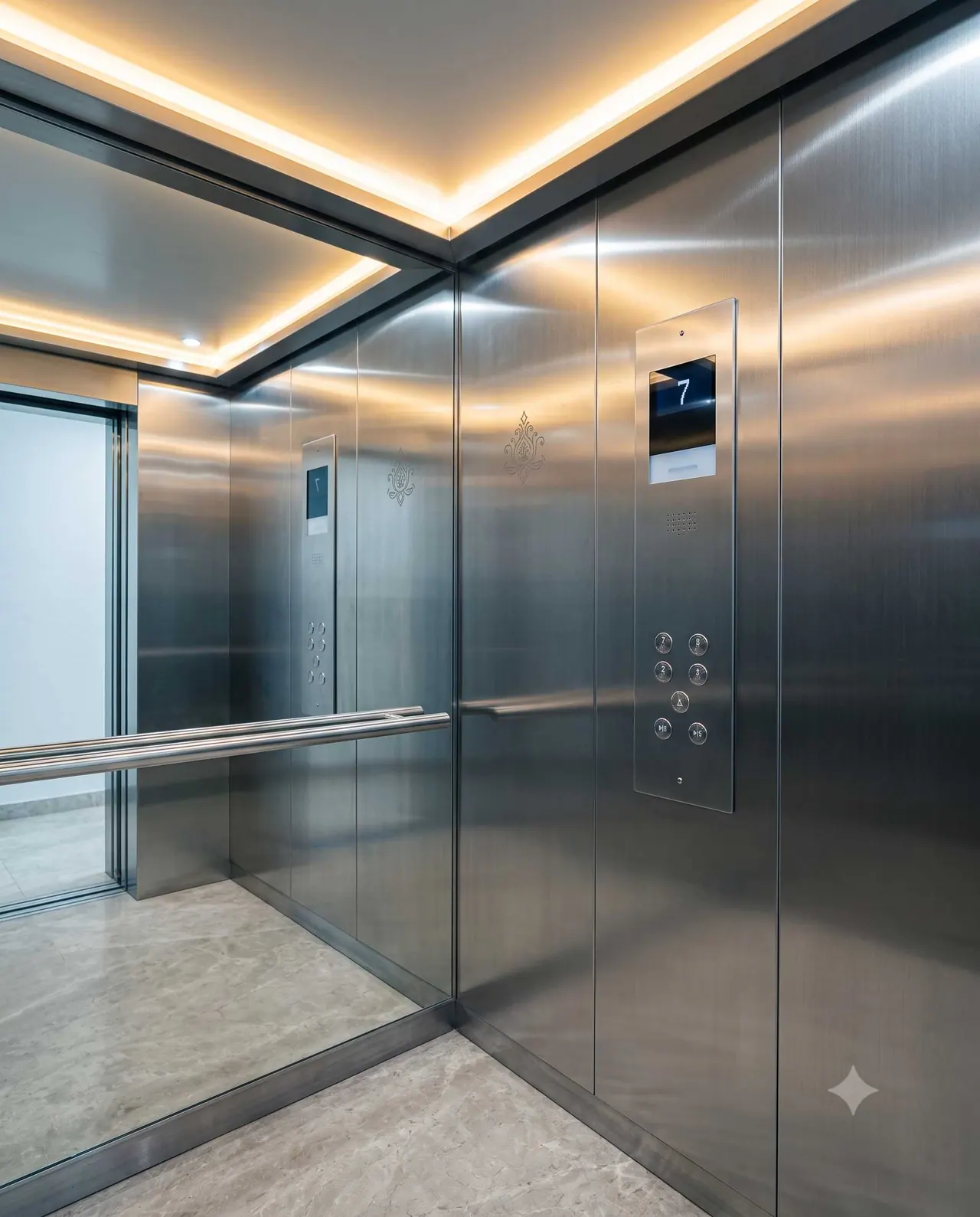 Interior of a premium philbrick elevator cabin with brushed steel walls