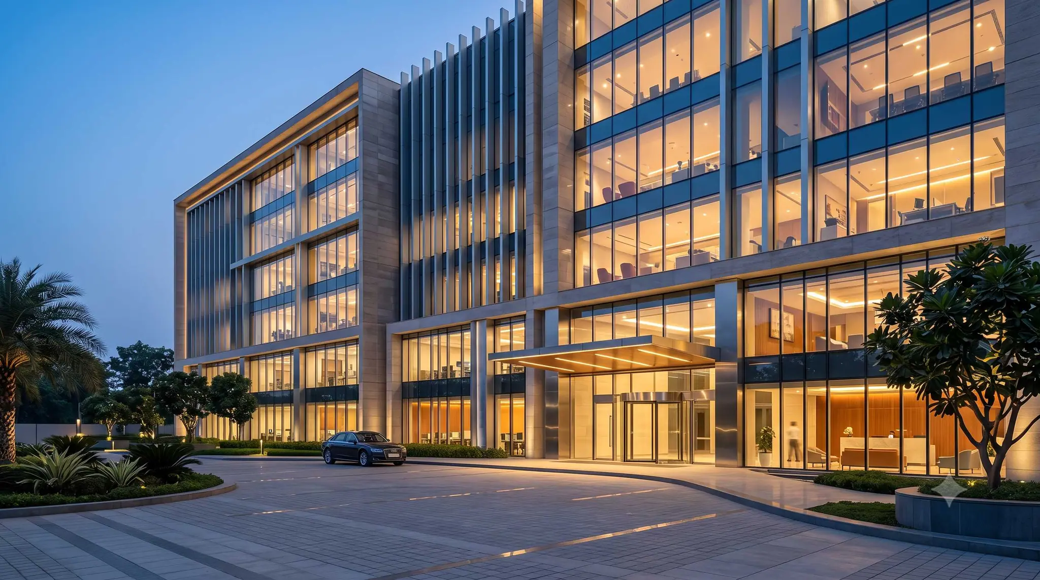 philbrick headquarters building facade at dusk