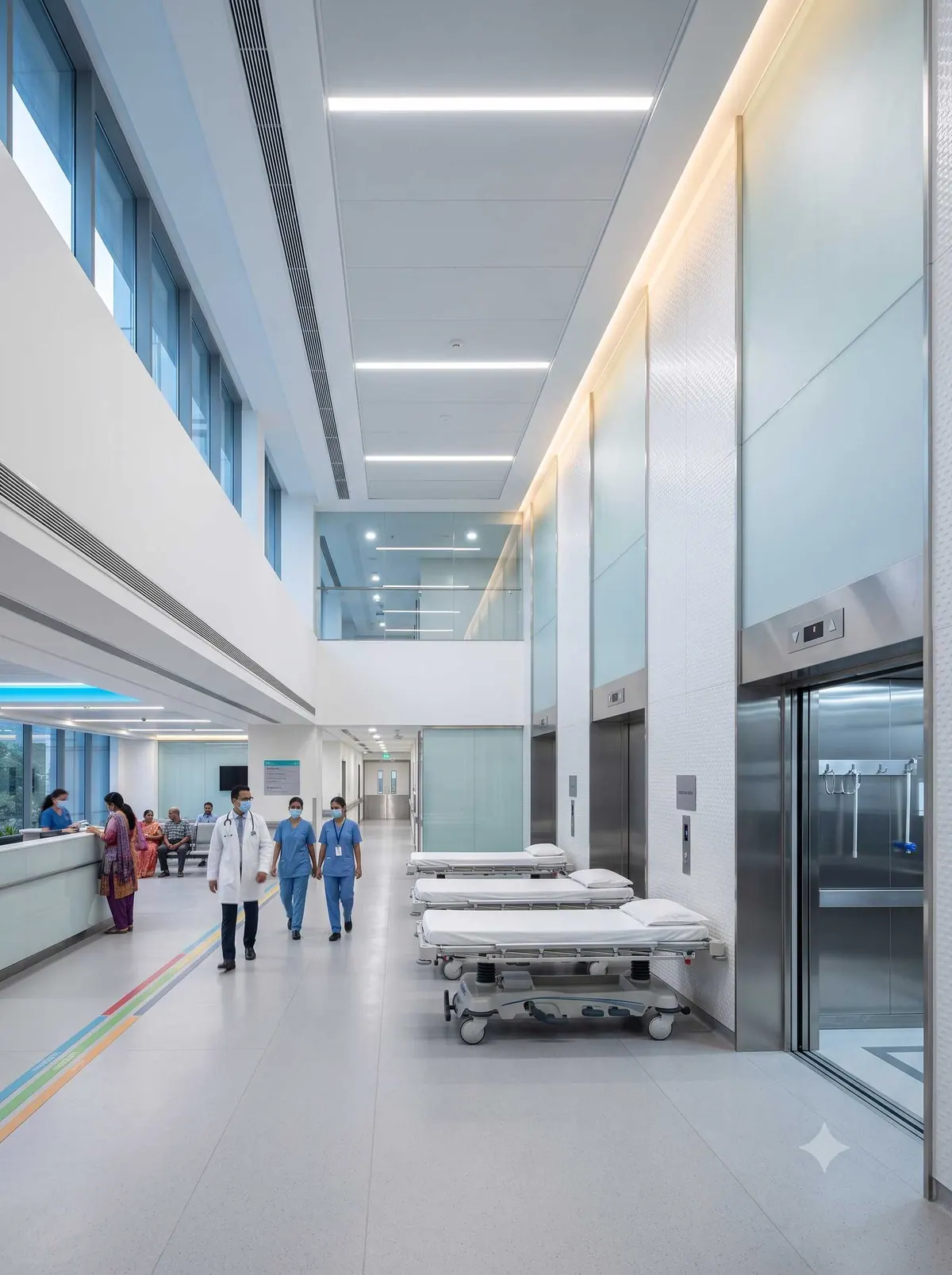 Bright modern hospital corridor with a wide elevator lobby