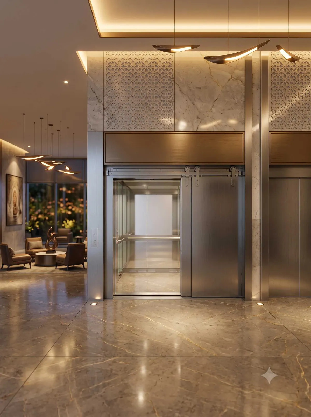 Elegant modern Indian hotel lobby with a premium elevator entrance