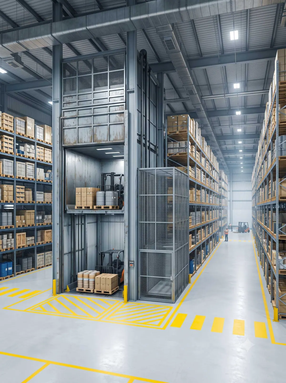 Warehouse with a heavy-duty goods elevator and pallet racking