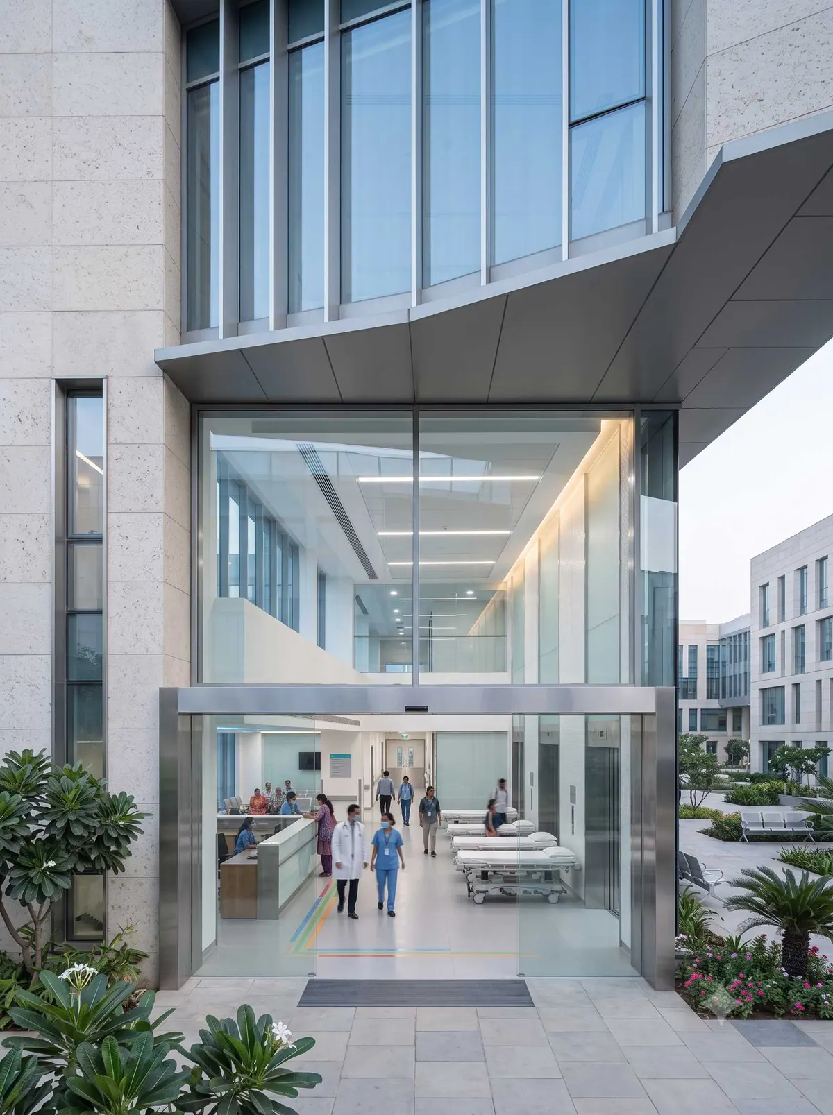 Modern institutional building with an accessible elevator lobby