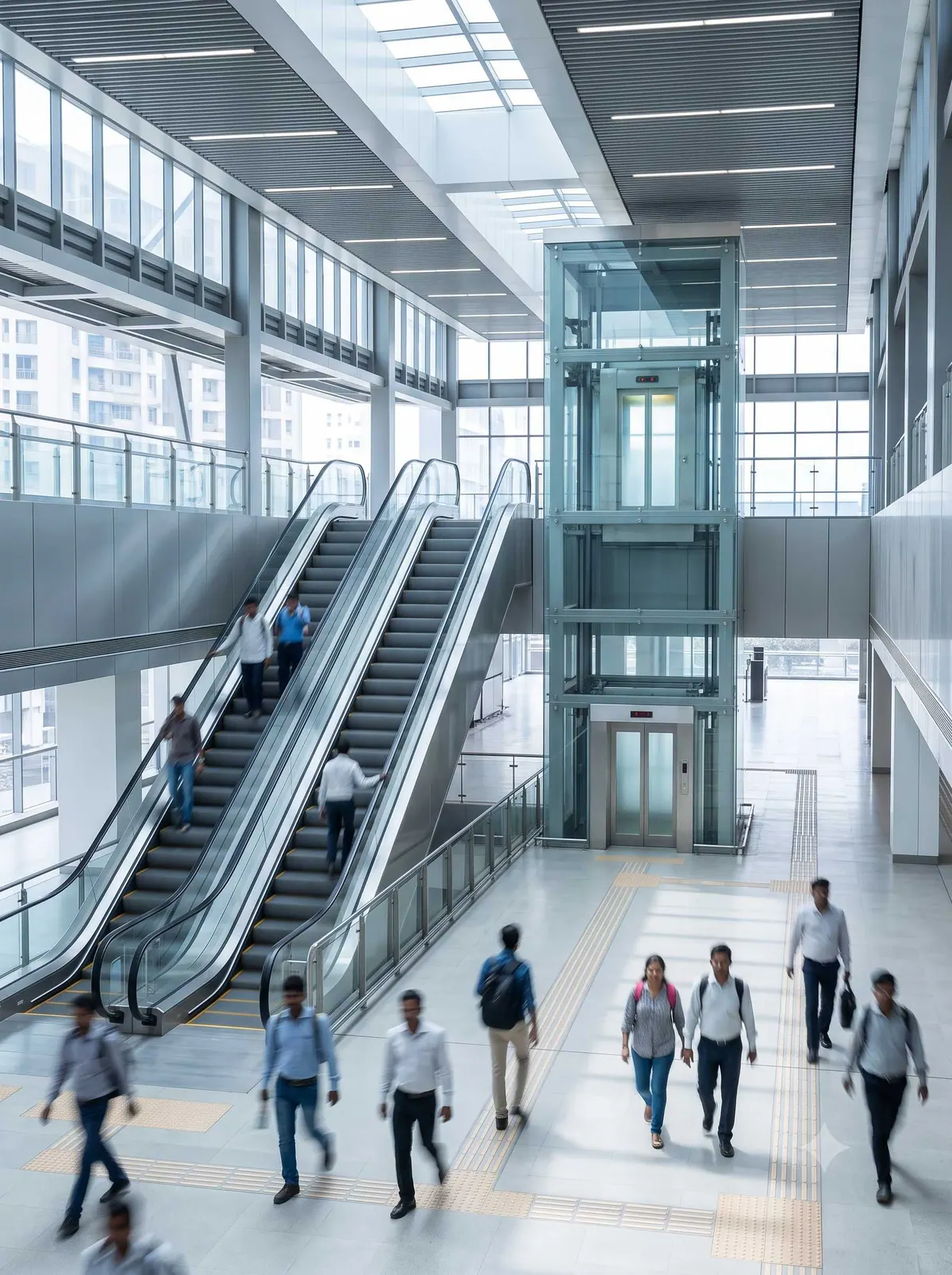 Metro station concourse with escalators and a public elevator
