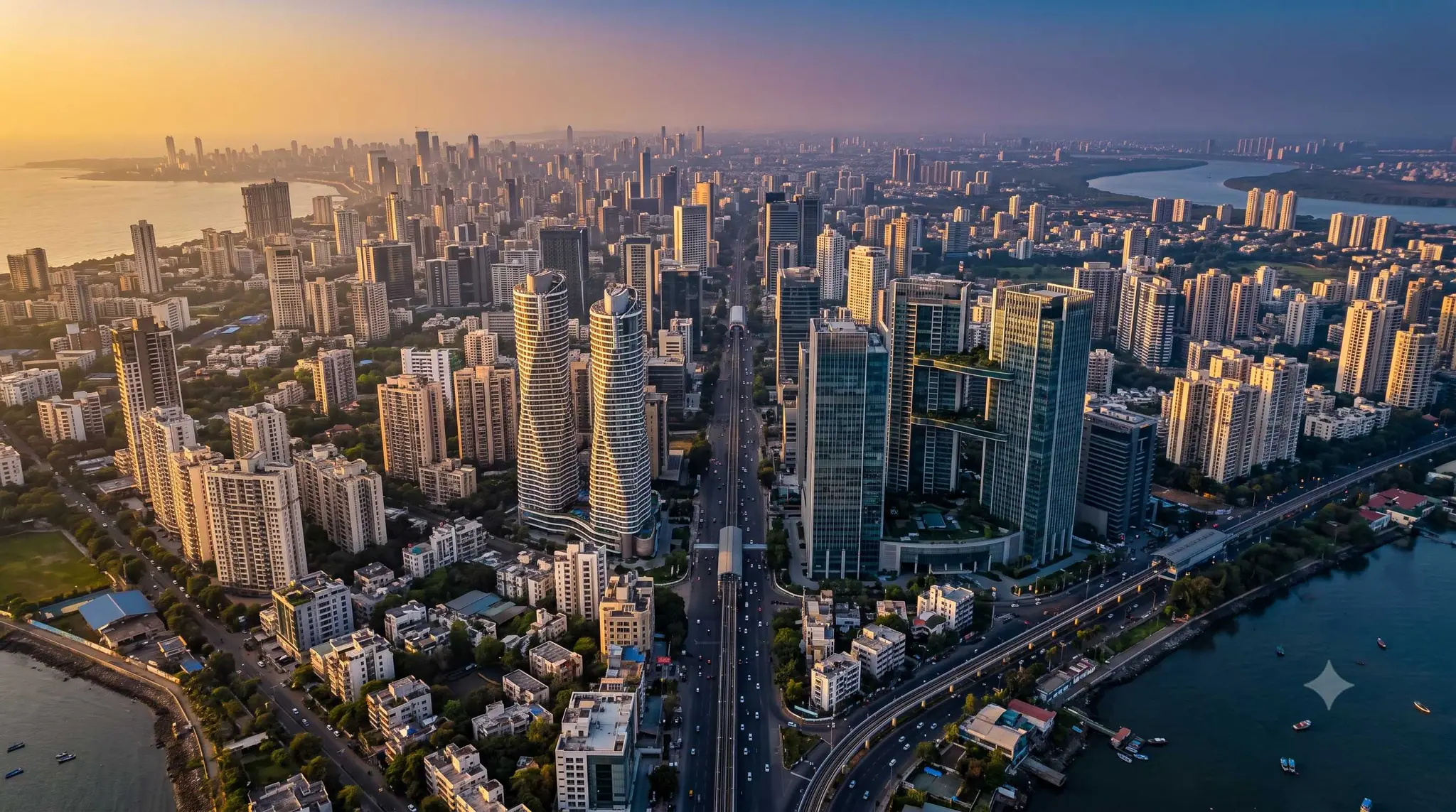 Modern Indian city skyline at golden hour