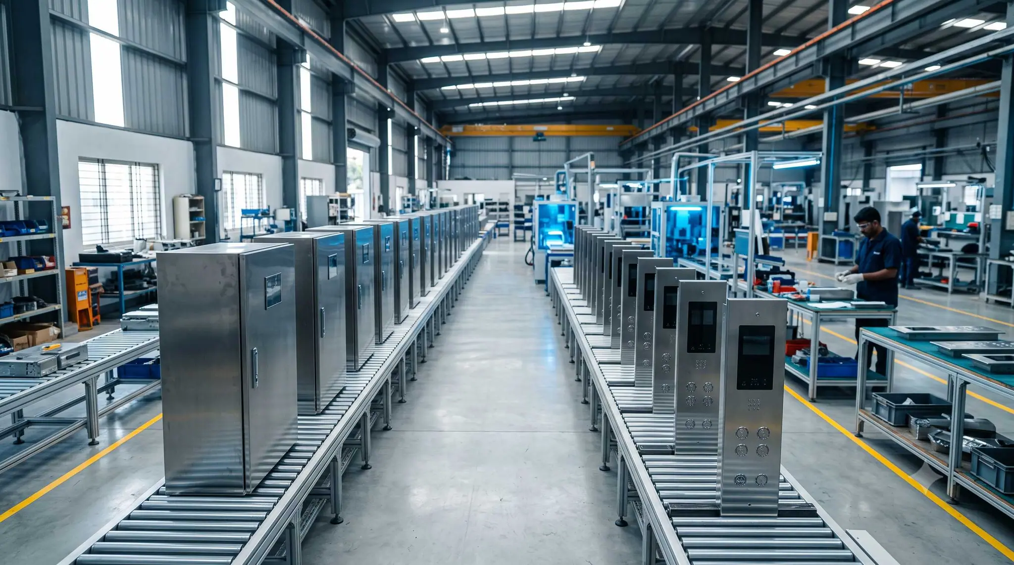 Finished philbrick elevator control cabinets on the assembly line