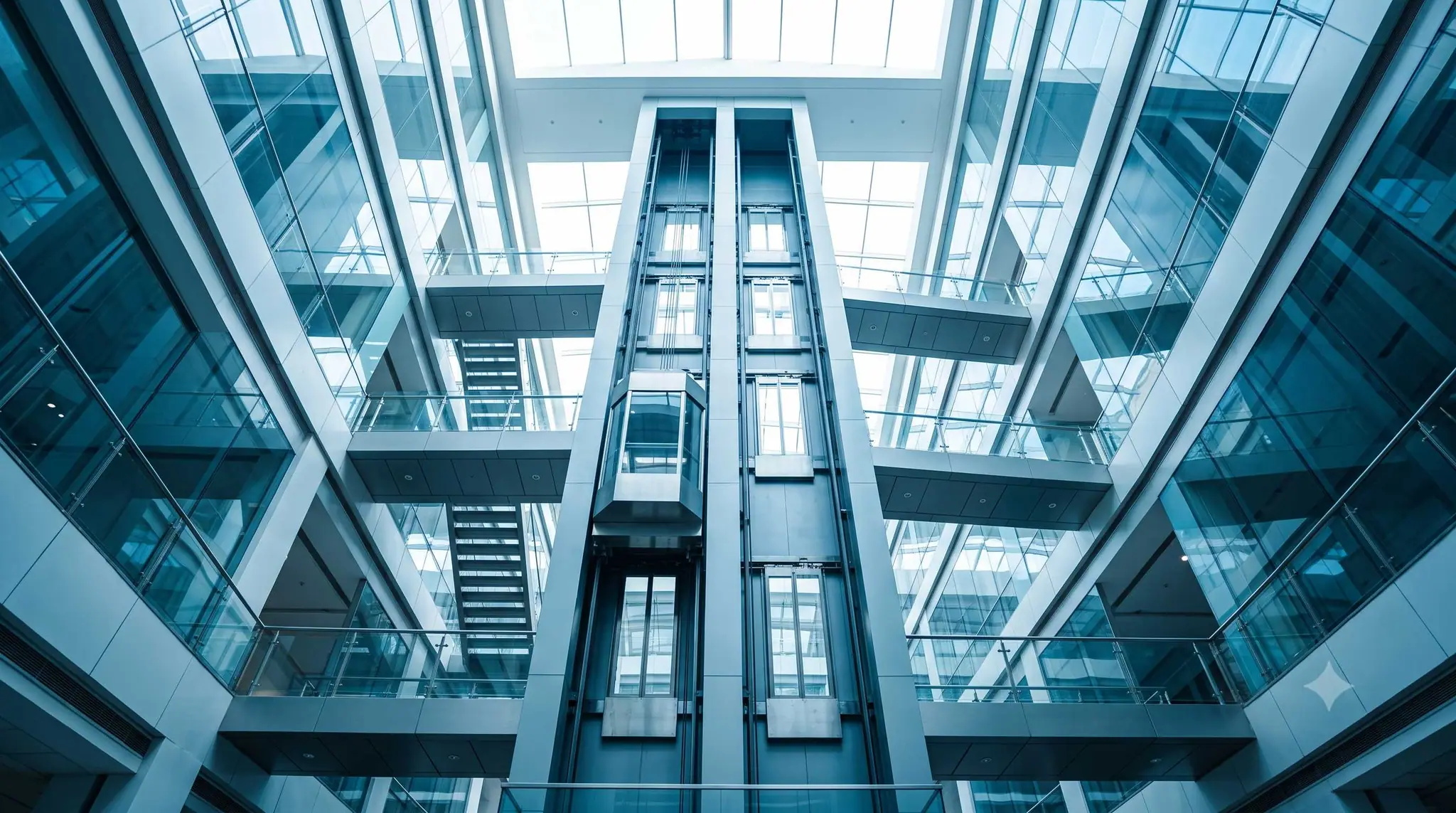 Panoramic glass elevator rising through a bright modern atrium